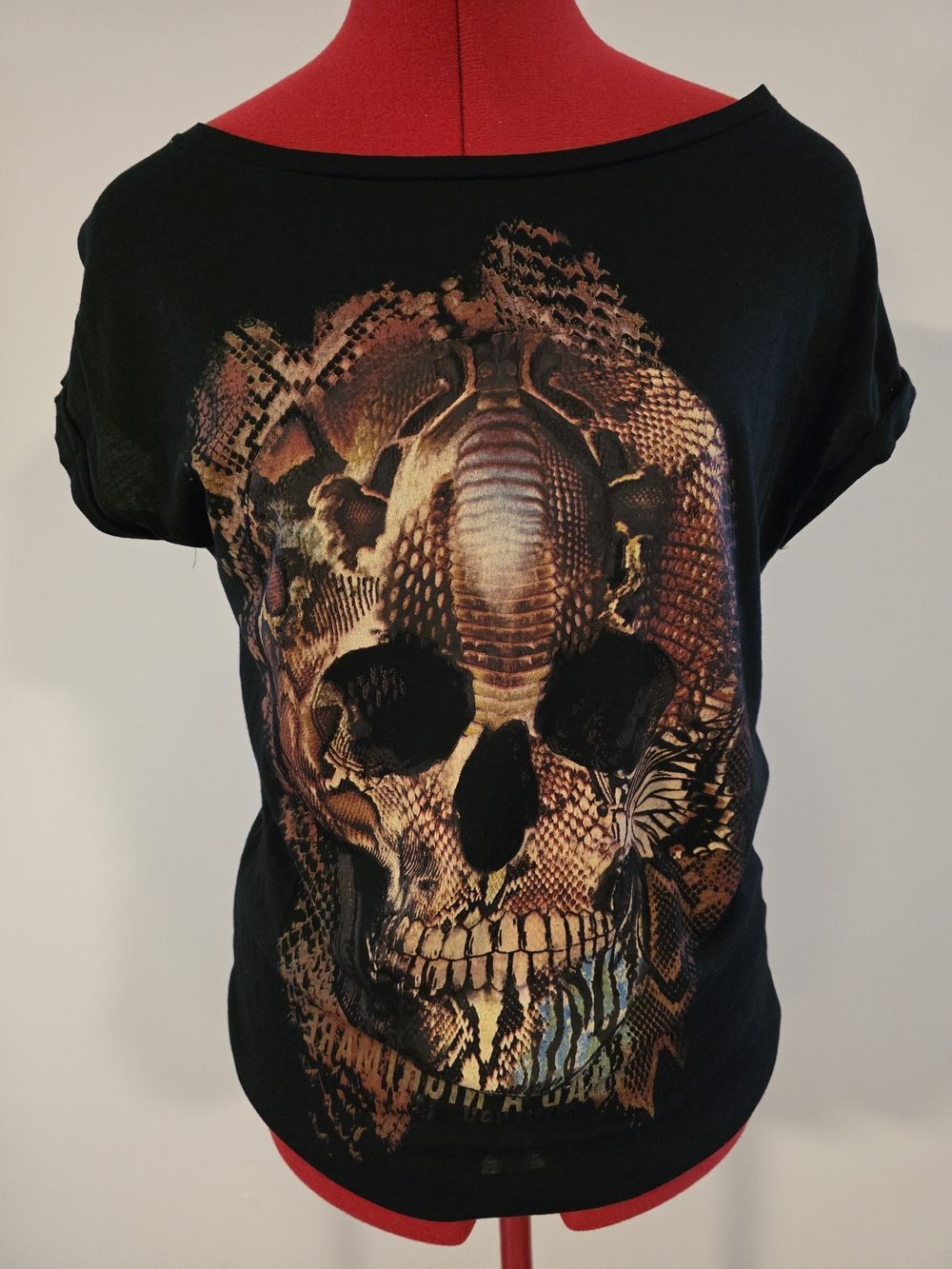 Bershka Black Tee with Snakeskin Skull Print